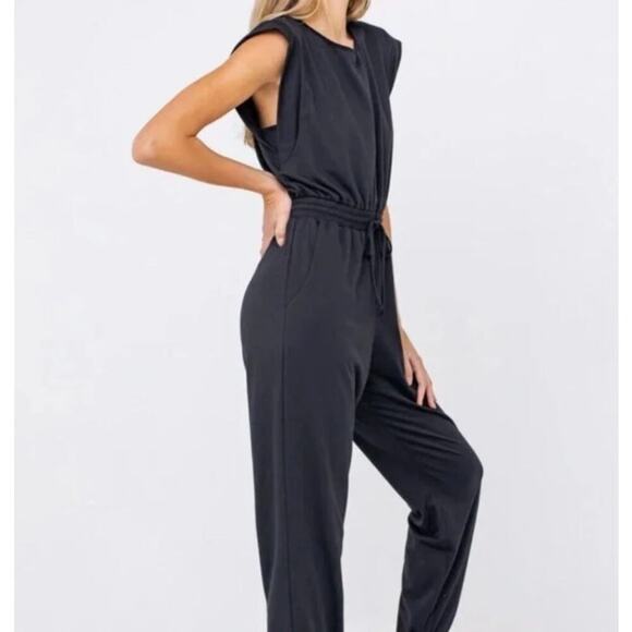 Pact Organic Cotton Black Relaxed Slub Muscle Tee Jumpsuit Pockets Black Small - Picture 1 of 12